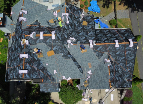Alpharetta roofing overhead image of a roof being replaced in Alpharetta Georgia
