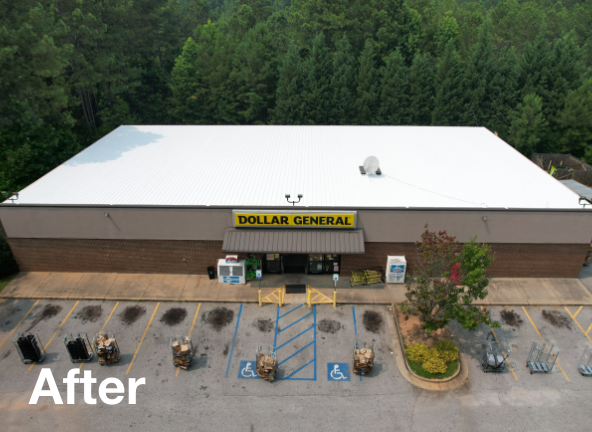 Aerial photo of a new commerical roof coating after application