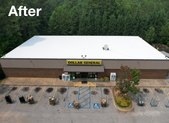 Aerial photo of a new commerical roof coating after application