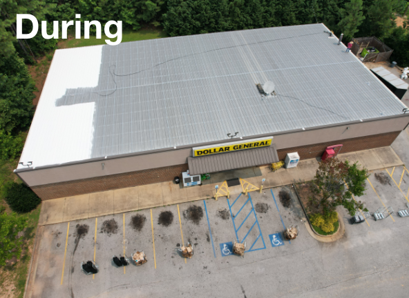 Aerial photo of a new commerical roof coating during application