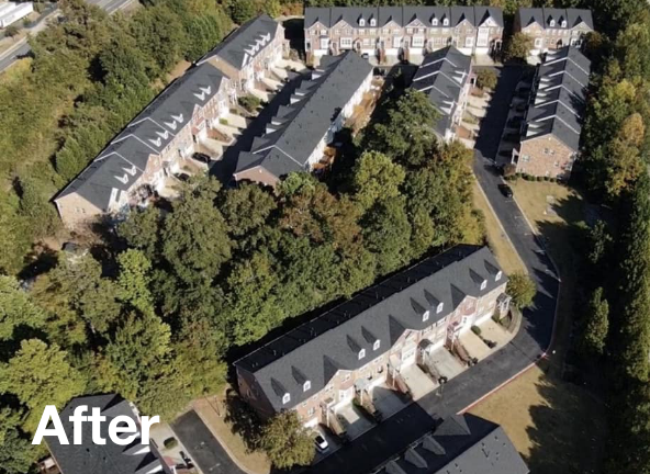 Aerial photo of a residential complex with dark gray asphalt roofs before roof replacement