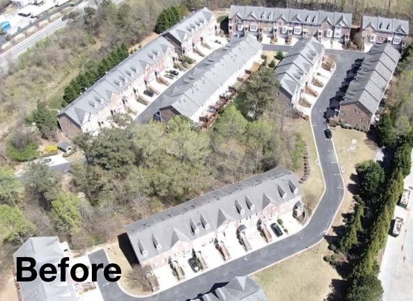 Aerial photo of a residential complex with gray asphalt roofs before roof replacement