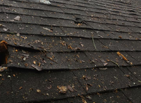 Up close image of brown sagging shingles