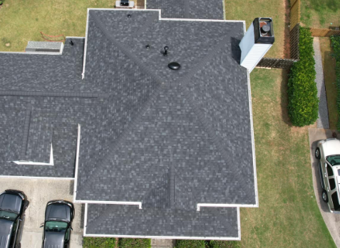 Overhead image of new gutters on a house in Roswell