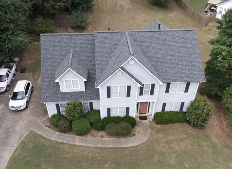 Image of a newly installed gray roof after residential roofing in Sharpsburg