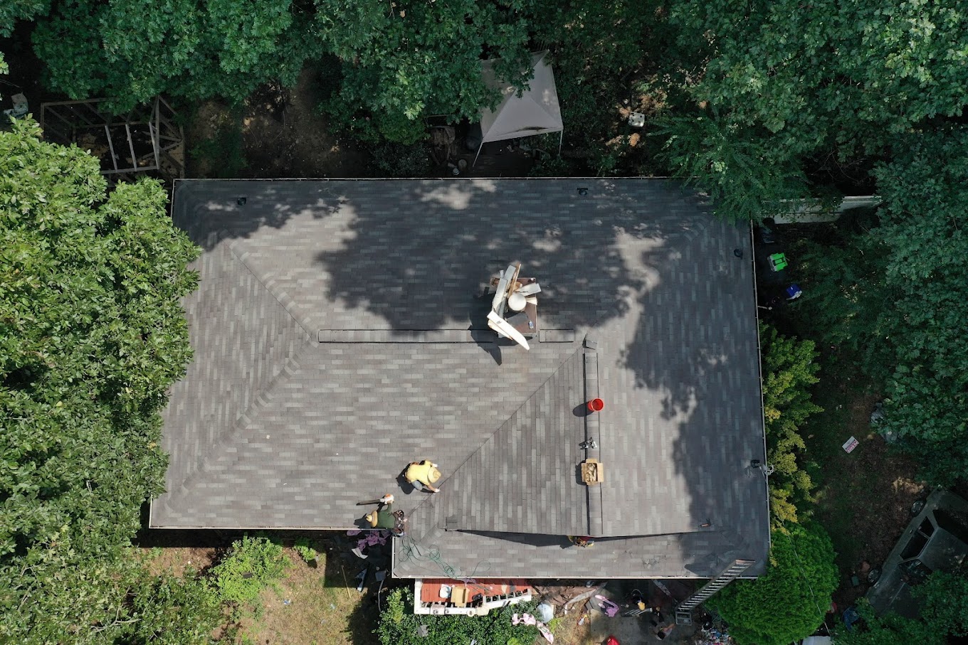 top down view of gray cheap roofing newly replaced on a house