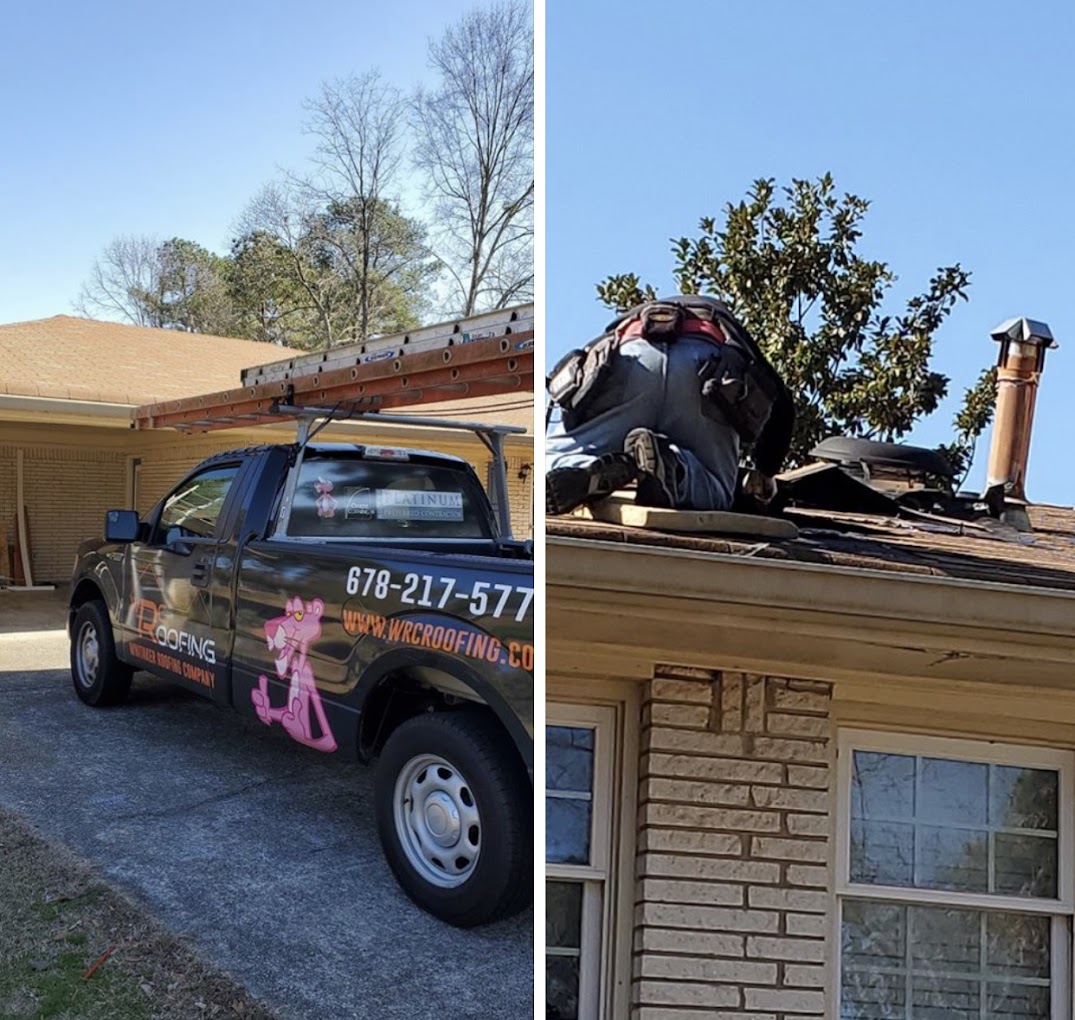 Two photos. A Whitaker Roofing truck on the left and a roofer on a home with brown shingles during rooftop repairs on the right.