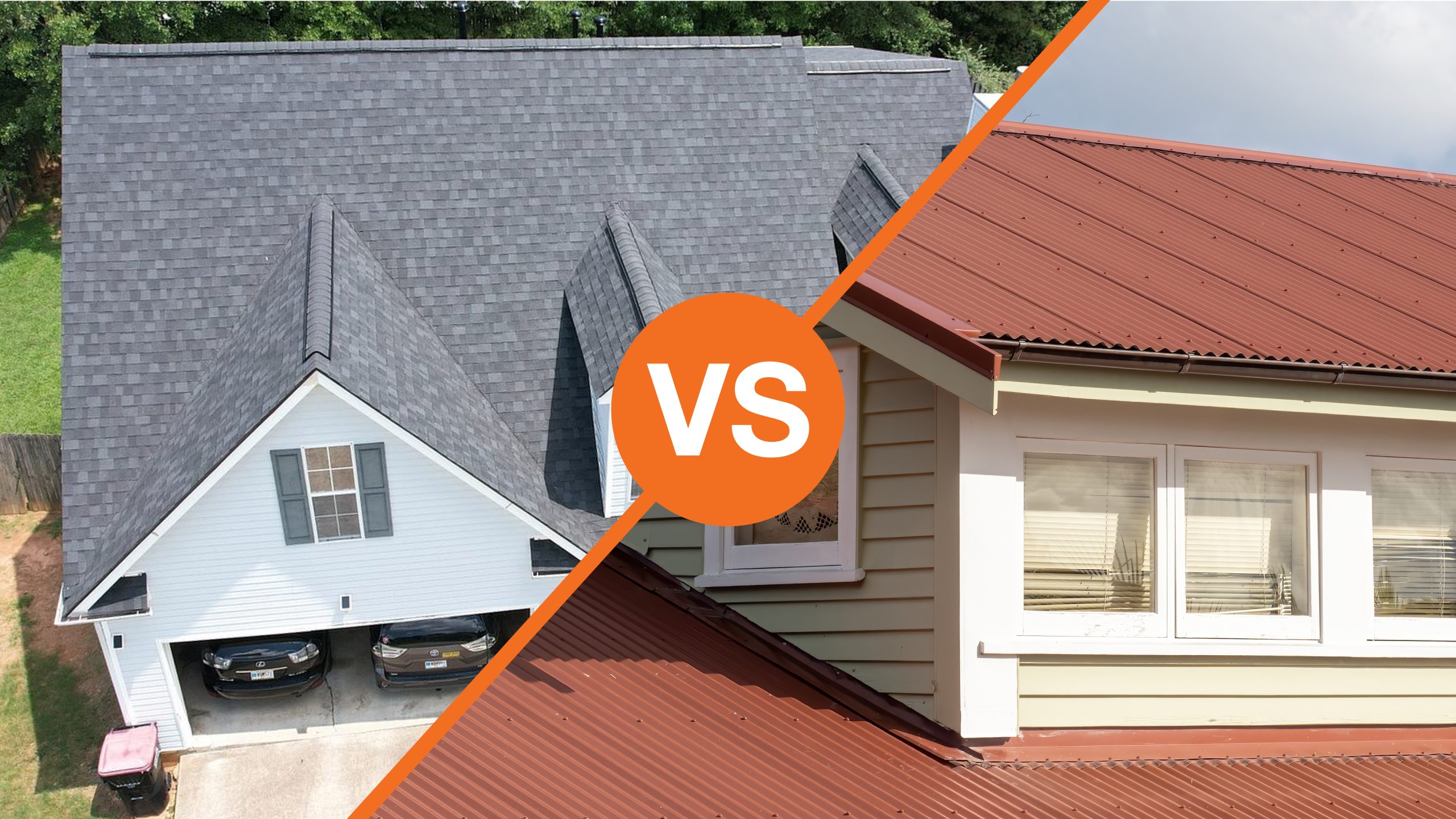 Photo of a metal roof versus shingle roof on either side split diagonally