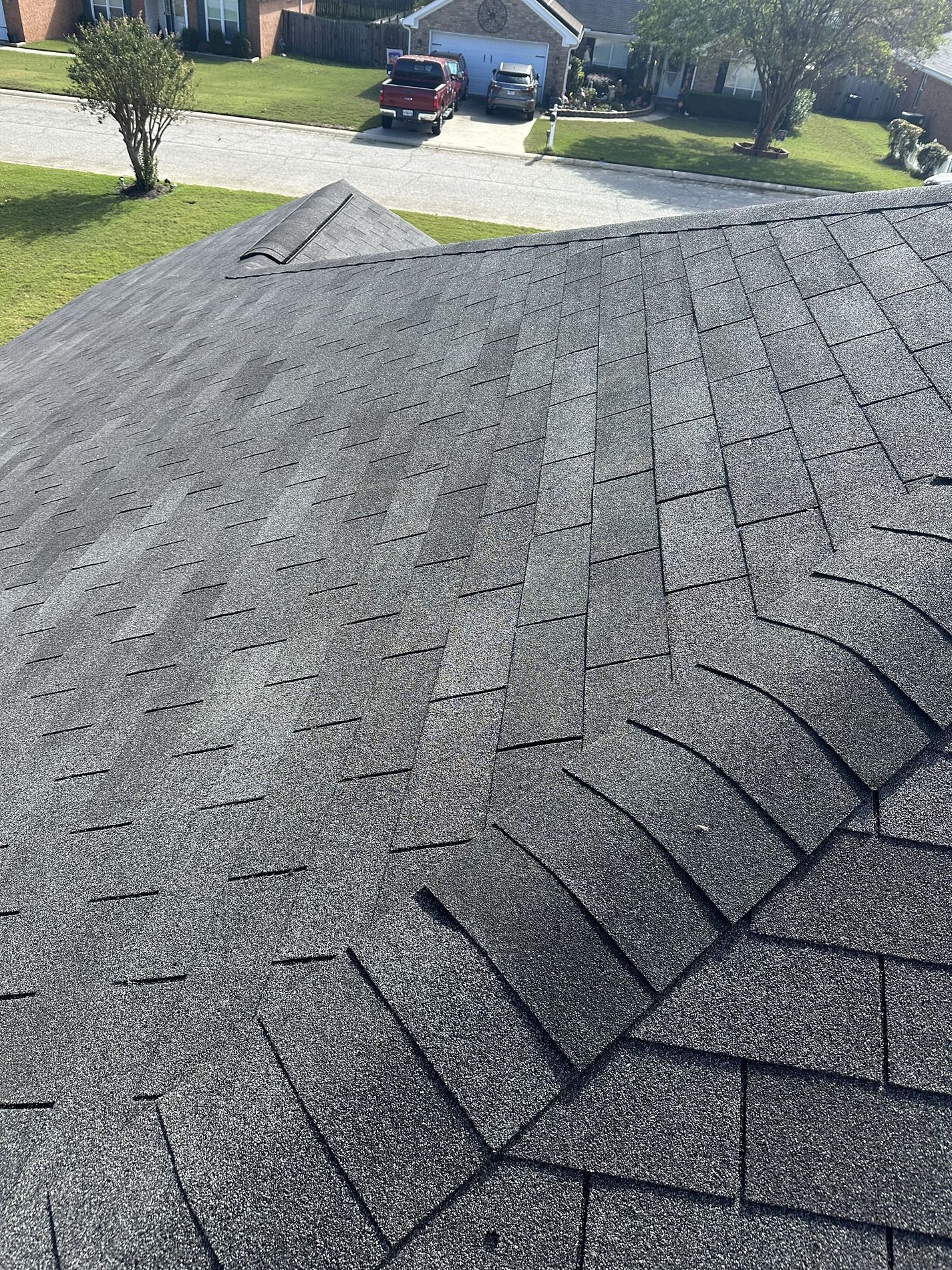 Closeup view of a gray shingle roof