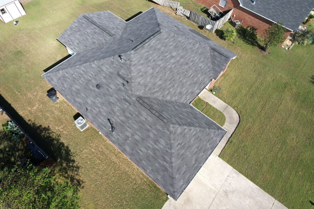 aerial image of a new gray roof from a local roofing company