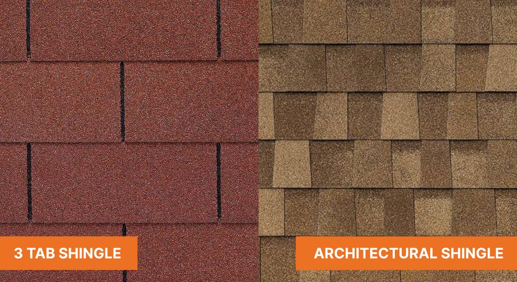 side by side images comparing Architectural shingles vs 3 tab shingles