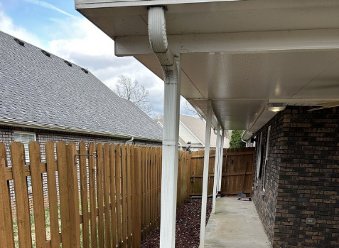Close-up of white gutter downspouts