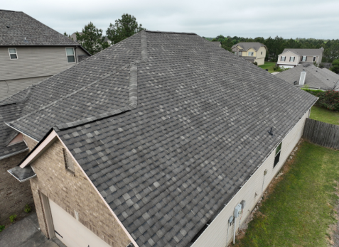 Drone Image of a house with newly installed gray shingled roof