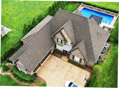 Overhead image of a house with newly installed shingled roofing in Hermitage.