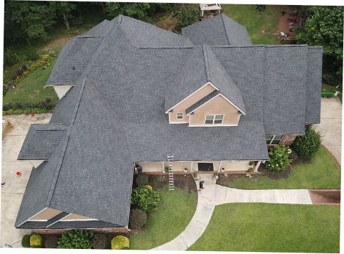 Overhead image of a house with newly installed shingled roofing in Wedowee.