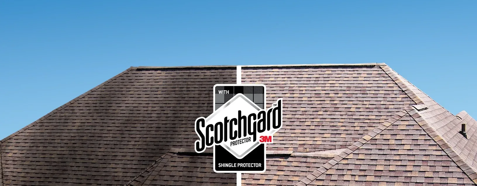 Split image of a roof with and without Atlas Shingles with Scotchgard protection.