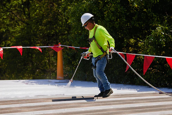 Image closeup view of a roofer applying metal roof coating