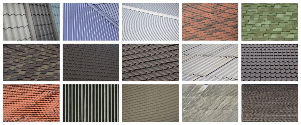 A collage of many pictures with fragments of various types of roofing close up. A set of images with different roof shingles