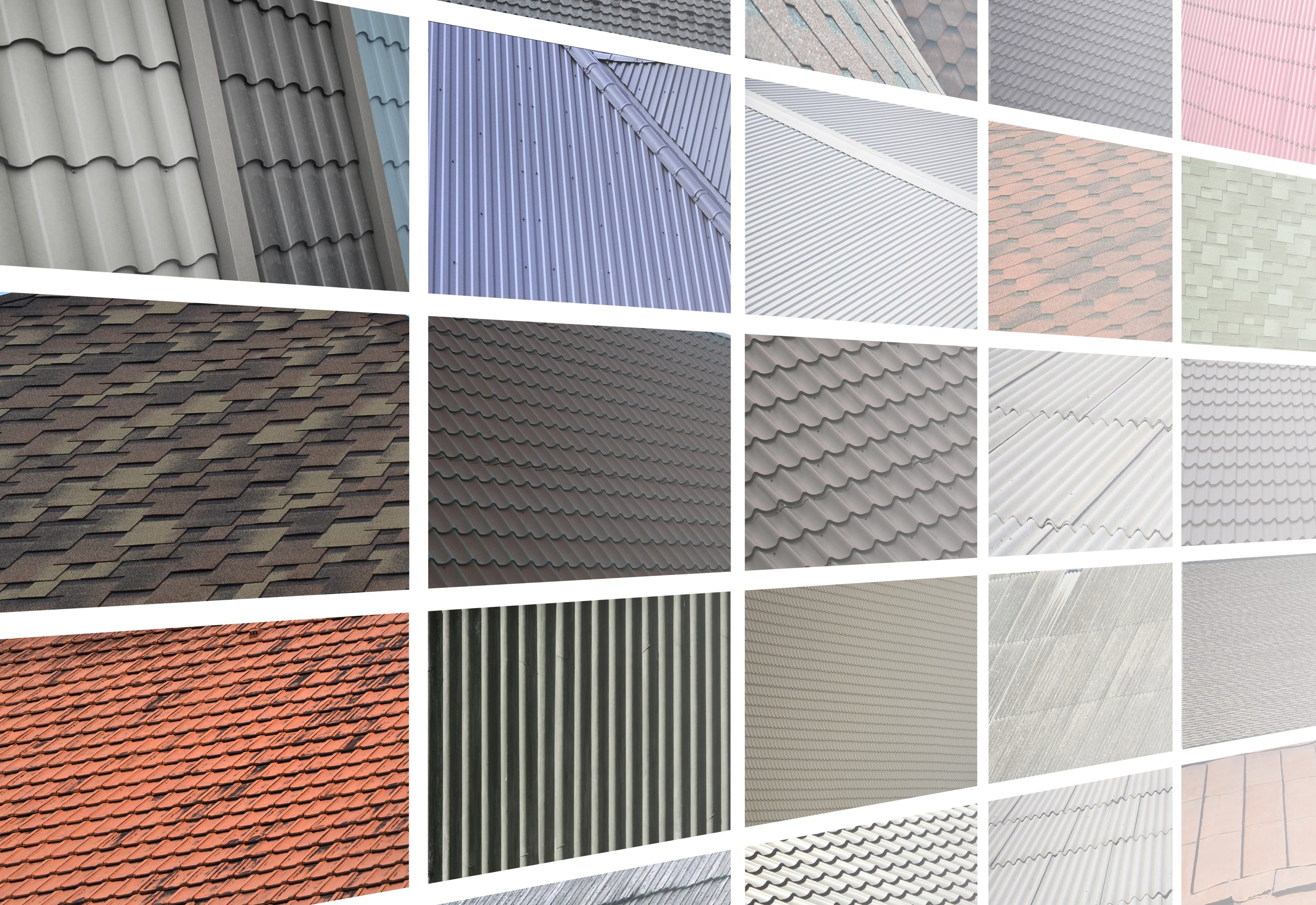 A collage of many pictures with fragments of various types of roofing close up. A set of images with different roof shingles