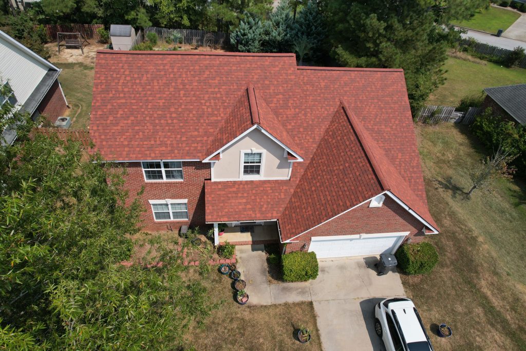 Drone image of a new roof replacement with Owens Corning asphalt shingles.