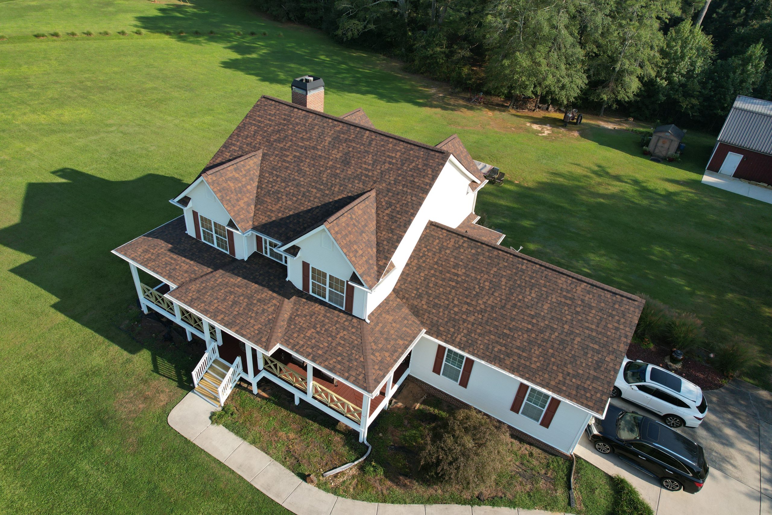 Drone image of a new roof replacement with Owens Corning asphalt shingles.