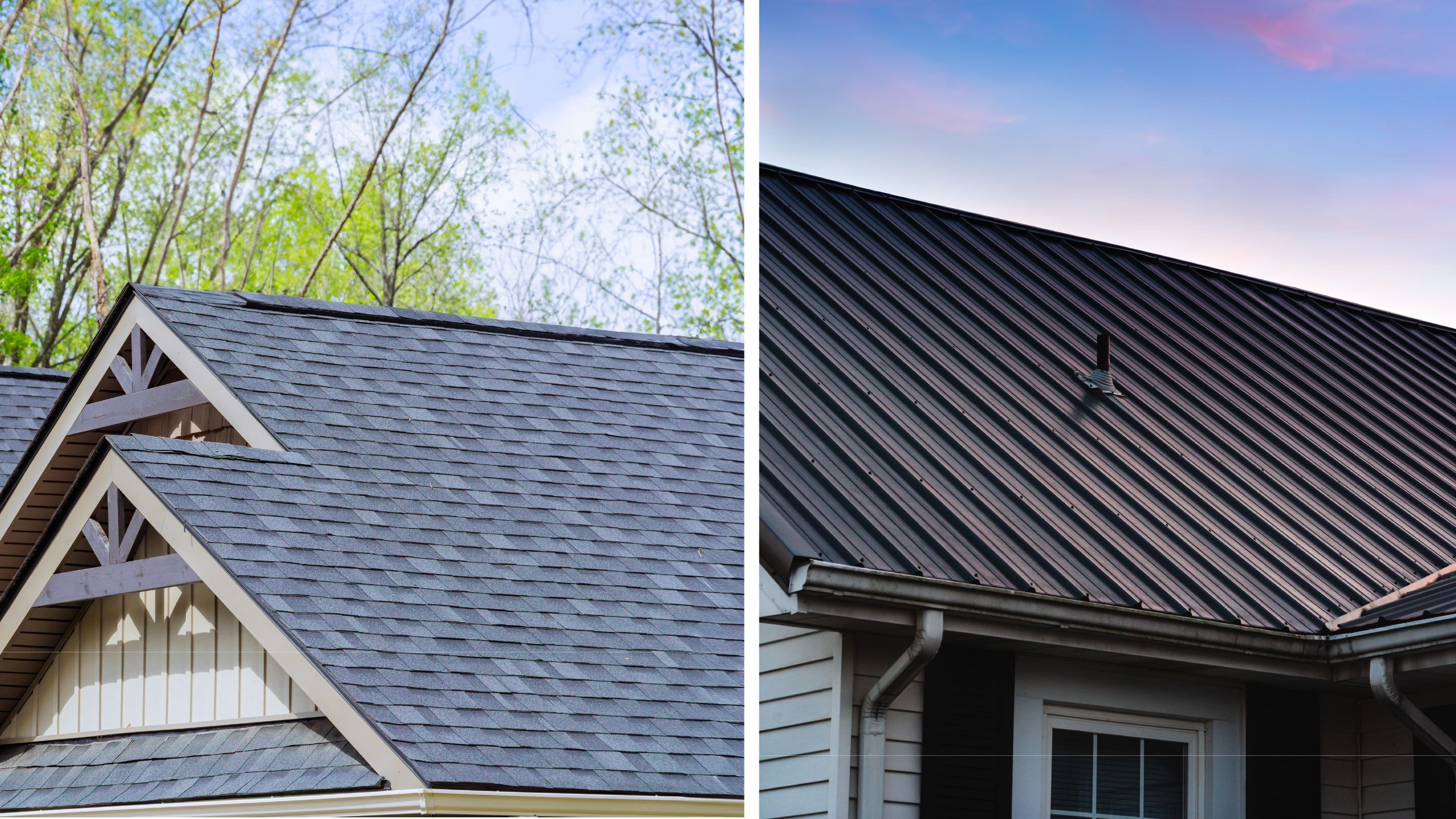 Two upclose images, one of a asphalt shingle roof and one of a metal roof side by side comparing metal roof vs shingles.